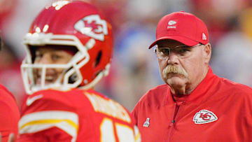 Oct 12, 2025; Kansas City, Missouri, USA; Kansas City Chiefs head coach Andy Reid before the game against the Detroit Lions at GEHA Field at Arrowhead Stadium.