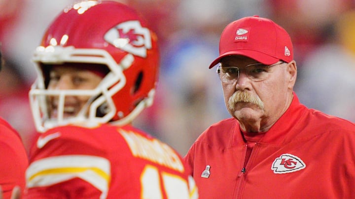 Oct 12, 2025; Kansas City, Missouri, USA; Kansas City Chiefs head coach Andy Reid before the game against the Detroit Lions at GEHA Field at Arrowhead Stadium.