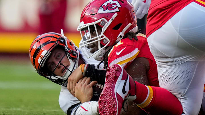 Cincinnati Bengals quarterback Joe Burrow (9) is sacked in the fourth quarter of the NFL Week 2 game between the Kansas City Chiefs and the Cincinnati Bengals at Arrowhead Stadium in Kansas City on Sunday, Sept. 15, 2024. The Chiefs took a 26-25 win with a go-ahead field goal as time expired.