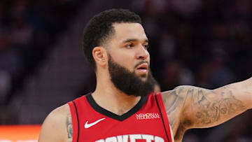 Apr 6, 2025; San Francisco, California, USA; Houston Rockets guard Fred VanVleet (5) stands on the court during a break in the action against the Golden State Warriors in the third quarter at the Chase Center. Mandatory Credit: Cary Edmondson-Imagn Images