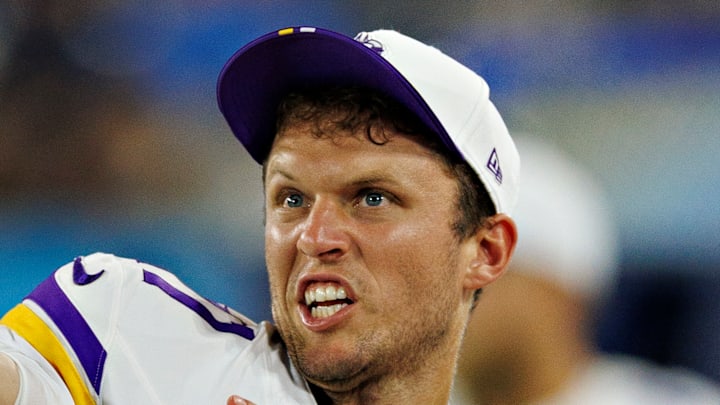 Brett Rypien when he was with the Minnesota Vikings grimaces