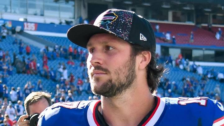 Sep 28, 2025; Orchard Park, New York, USA; Buffalo Bills quarterback Josh Allen (17) leaves the field after a game against the New Orleans Saints at Highmark Stadium. Mandatory Credit: Mark Konezny-Imagn Images