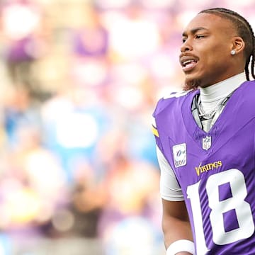 Oct 20, 2024; Minneapolis, Minnesota, USA; Minnesota Vikings wide receiver Justin Jefferson (18) warms up before the game against the Detroit Lions at U.S. Bank Stadium. Mandatory Credit: Matt Krohn-Imagn Images