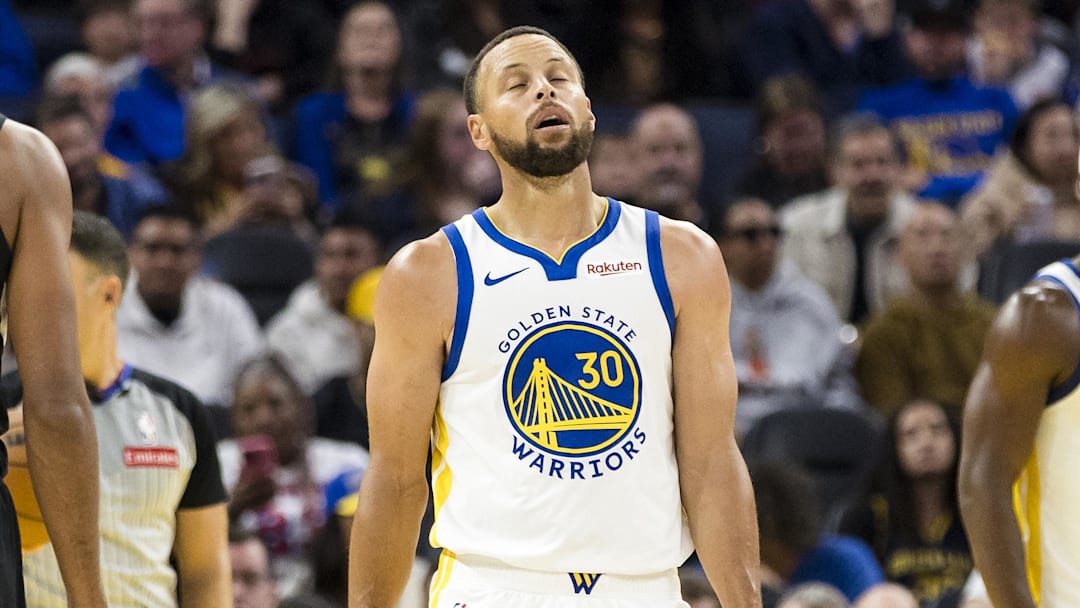 Oct 8, 2025; San Francisco, California, USA;  Golden State Warriors guard Stephen Curry (30) reacts during the second quarter against the Portland Trail Blazers at Chase Center. Mandatory Credit: John Hefti-Imagn Images
