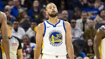 Oct 8, 2025; San Francisco, California, USA;  Golden State Warriors guard Stephen Curry (30) reacts during the second quarter against the Portland Trail Blazers at Chase Center. Mandatory Credit: John Hefti-Imagn Images