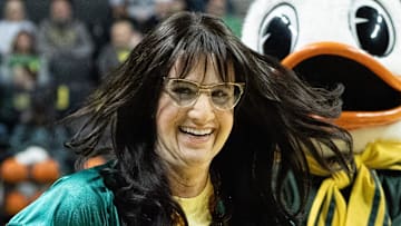 Former Duck Sabrina Ionescu wears a disguise for Oregon Bingo at halftime of the Oregon Army women’s game at Matthew Knight Arena in Eugene Nov. 16, 2025.