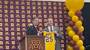 Gophers AD Mark Coyle (left) with new men's basketball head coach Niko Medved (right).