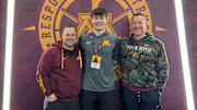 Gophers TE coach Eric Kohler (left) with Roman Voss (middle) and Gophers offensive coordinator Greg Harbaugh Jr. (right).