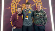 Gophers TE coach Eric Kohler (left) with Roman Voss (middle) and Gophers offensive coordinator Greg Harbaugh Jr. (right)