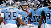 Tennessee Titans wide receiver Chimere Dike (17) celebrates a touchdown against the Los Angeles Chargers