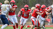 CVU's Alex Provost runs for daylight during the Redhawks' D1 football semifinal vs the Essex Hornets on Saturday afternoon in Hinesburg D1 Football Semifinal Essex At CVU Nov 5, 2022 / AL FREY/ FOR THE FREE PRESS / USA TODAY NETWORK