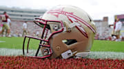 Oct 7, 2017; Tallahassee, FL, USA; View of a Florida State Seminoles helmet on the field before the game against the Miami Hurricanes at Doak Campbell Stadium. Mandatory Credit: Melina Vastola-Imagn Images / Melina Vastola-Imagn Imag