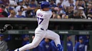 ; Chicago Cubs second baseman Matt Shaw (77) hits an RBI double against the Chicago White Sox in the first inning at Sloan Park. After a great season in minors, Shaw has a chance to break camp with the Cubs in 2025