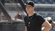  Pittsburgh Pirates shortstop Konnor Griffin who was the ninth overall pick in first round of the 2024 First-Year Player Draft looks on at the batting cage before a game against the Arizona Diamondbacks at PNC Park