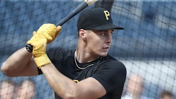 Pittsburgh, Pennsylvania, USA; Pittsburgh Pirates shortstop Konnor Griffin who was the ninth overall pick in first round of the 2024 First-Year Player Draft in the batting cage before a game against the Arizona Diamondbacks at PNC Park