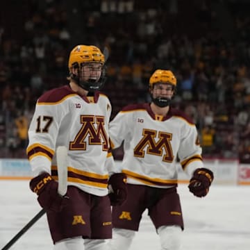 Brody Lamb (17) celebrating with one of his Gophers' teammates during the Michigan Tech series.