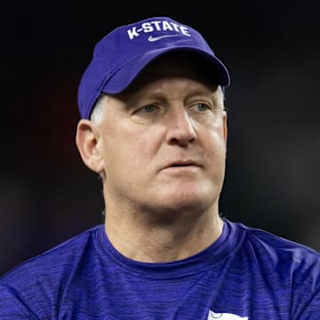Dec 26, 2024; Phoenix, AZ, USA; Kansas State Wildcats head coach Chris Klieman prior to the game against the Rutgers Scarlet Knights during the Rate Bowl at Chase Field. Mandatory Credit: Mark J. Rebilas-Imagn Images