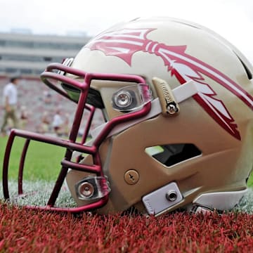 Oct 7, 2017; Tallahassee, FL, USA; View of a Florida State Seminoles helmet on the field before the game against the Miami Hurricanes at Doak Campbell Stadium. Mandatory Credit: Melina Vastola-Imagn Images / Melina Vastola-Imagn Imag