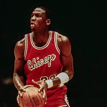 Chicago Bulls shooting guard Michael Jordan during an NBA game in 1985.