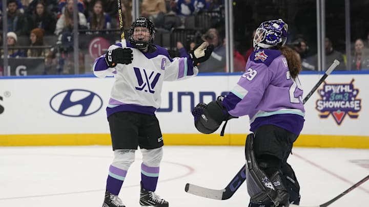 Feb 1, 2024; Toronto, Ontario, CANADA; Team King forward Kendall Coyne Schofield (26) celebrates her goal against Team Kloss goaltender Nicole Hensley (29) during the PWHL 3-on-3 Showcase during NHL All-Star Thursday at Scotiabank Arena. Mandatory Credit: John E. Sokolowski-Imagn Images / John E. Sokolowski-Imagn Images Feb 1, 2024; Toronto, Ontario, CANADA; Team King forward Kendall Coyne Schofield (26) celebrates her goal against Team Kloss goaltender Nicole Hensley (29) during the PWHL 3-on-3 Showcase during NHL All-Star Thursday at Scotiabank Arena. Mandatory Credit: John E. Sokolowski-Imagn Images / John E. Sokolowski-Imagn Images