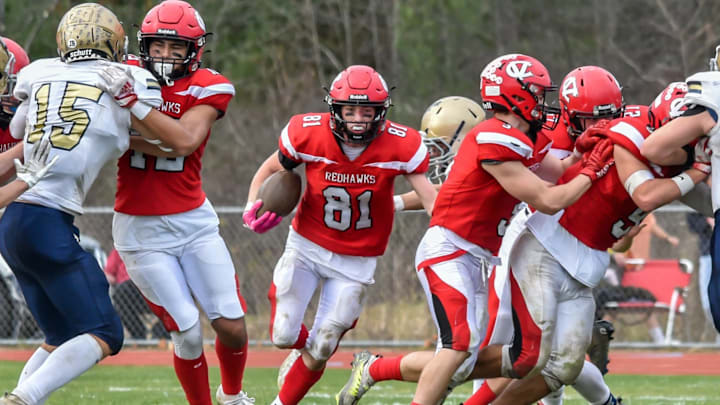 CVU's Alex Provost runs for daylight during the Redhawks' D1 football semifinal vs the Essex Hornets on Saturday afternoon in Hinesburg D1 Football Semifinal Essex At CVU Nov 5, 2022 / AL FREY/ FOR THE FREE PRESS / USA TODAY NETWORK CVU's Alex Provost runs for daylight during the Redhawks' D1 football semifinal vs the Essex Hornets on Saturday afternoon in Hinesburg D1 Football Semifinal Essex At CVU Nov 5, 2022 / AL FREY/ FOR THE FREE PRESS / USA TODAY NETWORK