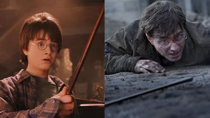 Daniel Radcliffe in 'Harry Potter and the Sorcerer’s Stone' (left) and 'Harry Potter and the Deathly Hallows: Part 2' (right).
