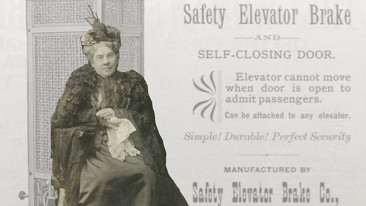 An image of inventor Harriet Tracy layered over an advertisement for an early safety elevator brake and self-closing door.