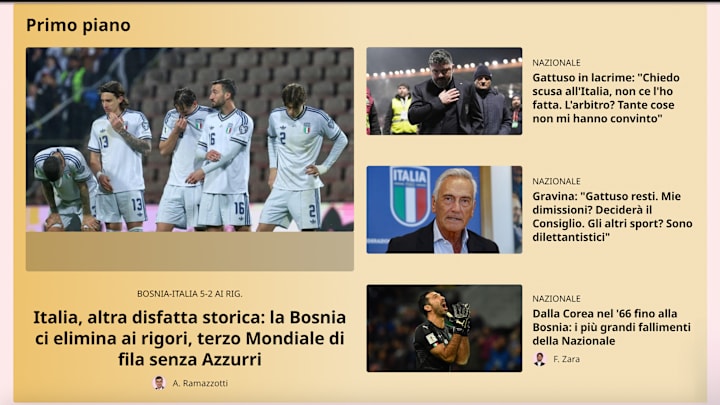 La Gazzella dello Sport reacciona a la derrota de Italia ante Bosnia y Herzegovina.