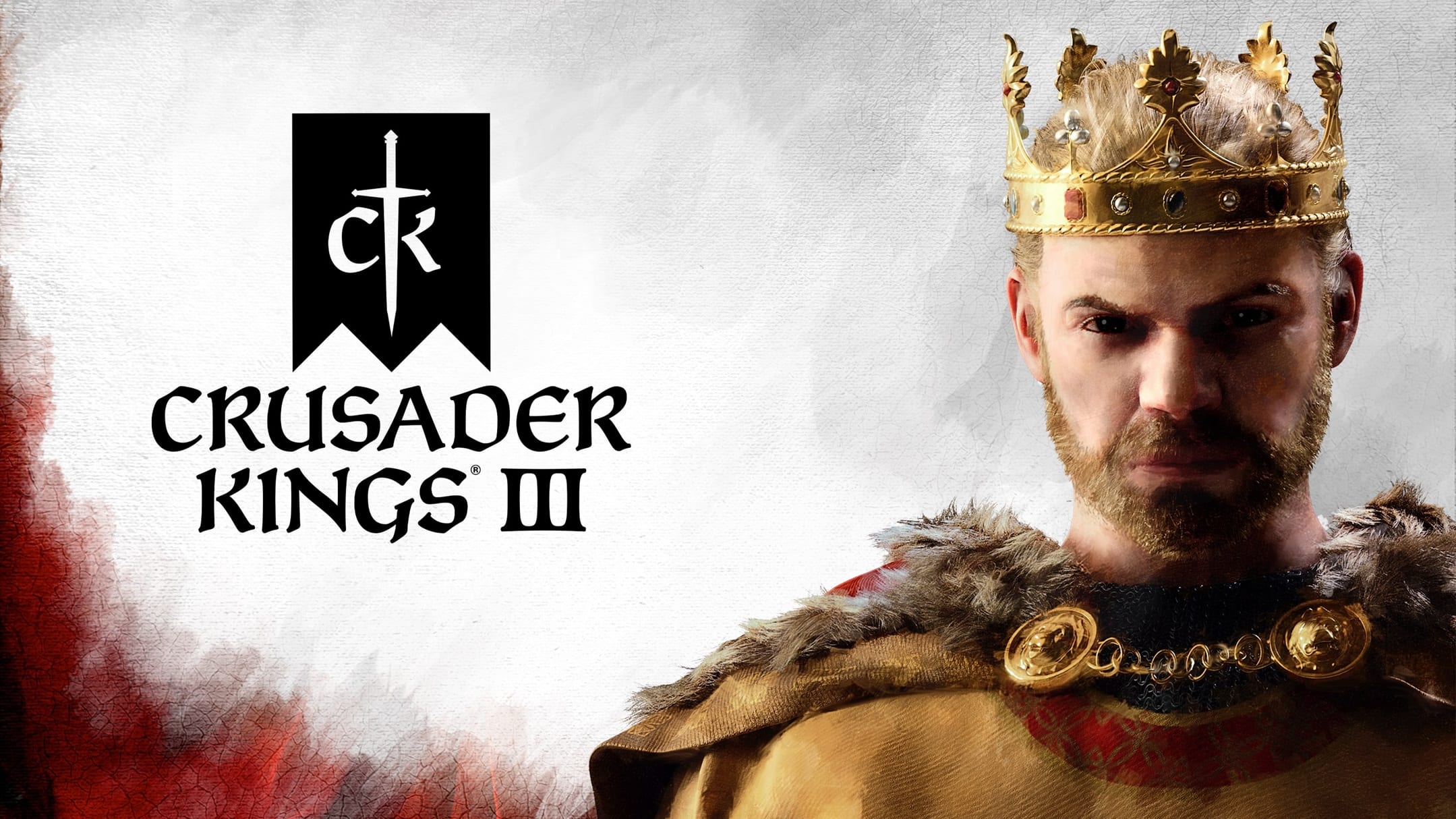 Crusader Kings 3 key art showing a monarch on a white background with bloodstains in the corner.