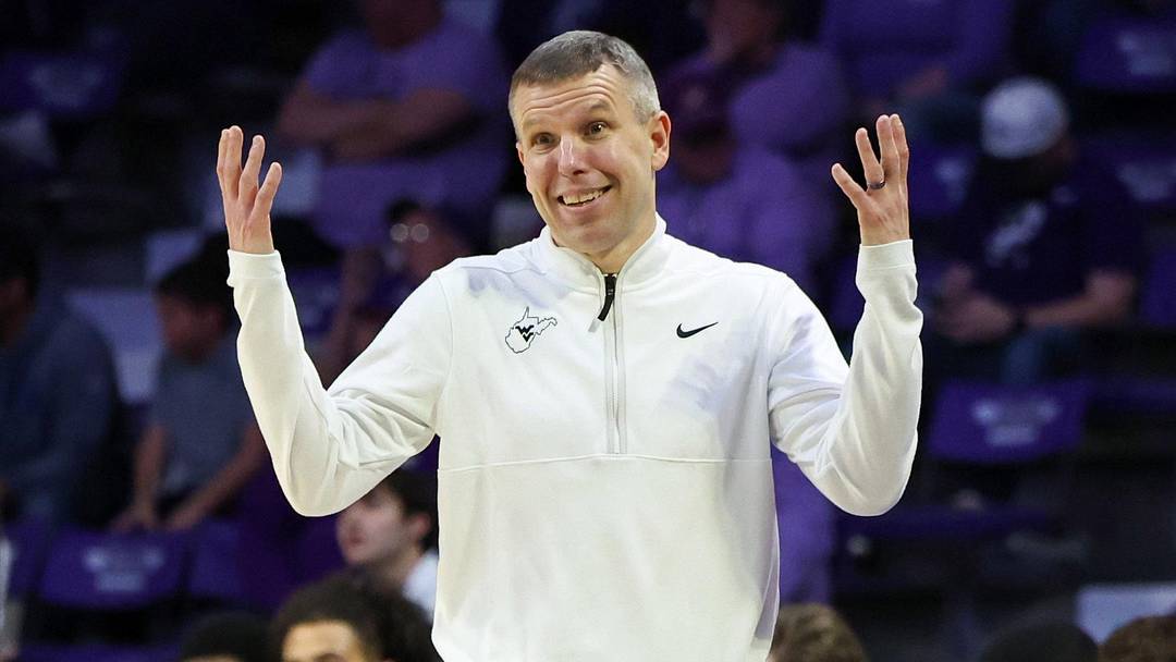 Mar 3, 2026; Manhattan, Kansas, USA; West Virginia Mountaineers head coach Ross Hodge reacts to a play during the second half against the Kansas State Wildcats at Bramlage Coliseum. Mandatory Credit: Scott Sewell-Imagn Images
