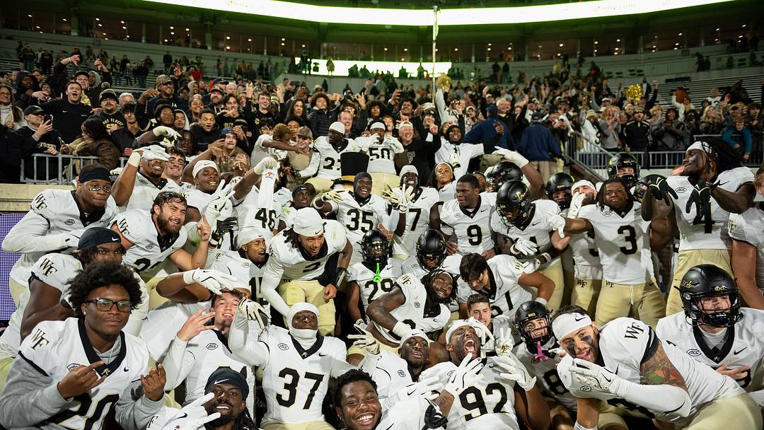 Wake Forest Football celebrates their 16–9 win over the Virginia Cavaliers, Nov. 8, 2025.
