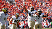 Dallas Afalava (52) celebrates after his first-quarter interception against Virginia Tech, Oct. 4, 2025.