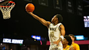 Wake Forest guard Sebastian Akins grabs a rebound during the game against Morehead State on November 7, 2025.