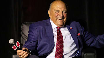 Retiring UW athletic director Barry Alvarez is shown during a ceremony honoring his tenure  at the Kohl Center Tuesday, April 6, 2021, in Madison, Wis. Alvarez was head football coach for 15 years and athletic director for 18 years. During his time Wisconsin teams combined to win 16 national titles and 74 conference regular-season or tournament titles in various sports.

Mjs Barry 3 Jpg Barry