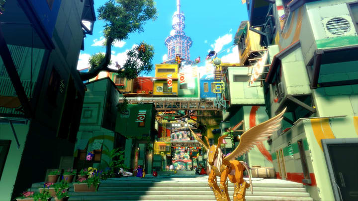 A screenshot of Central Town in the Digital World of Iliad in Digimon Story Time Stranger