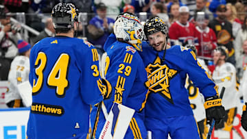 Feb 3, 2024; Toronto, Ontario, CAN; Team Matthews left wing Filip Forsberg (9) of the Nashville Predators celebrates with Team Matthews goalkeeper Jake Oettinger (29) of the Dallas Stars after winning the 2024 NHL All-Star Game at Scotiabank Arena. Mandatory Credit: Nick Turchiaro-Imagn Images