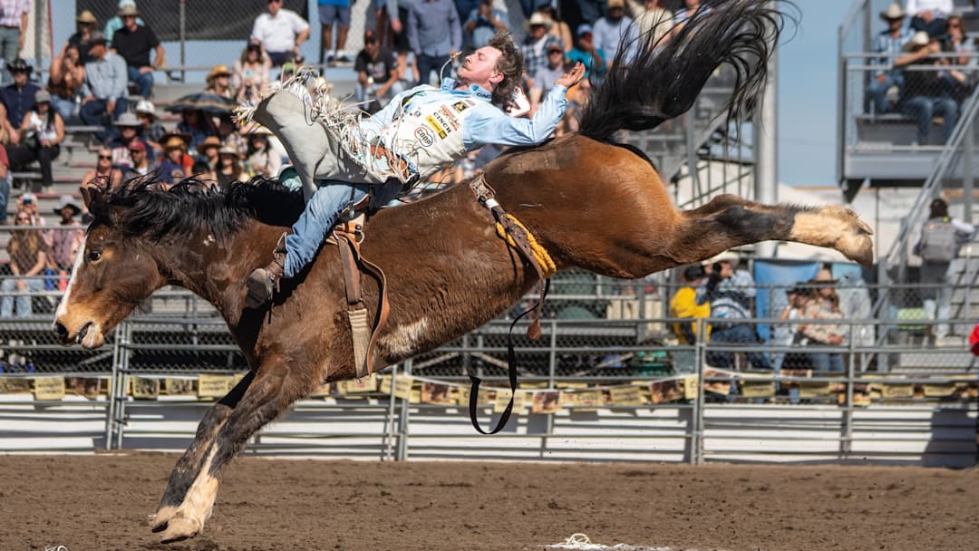Bareback rider Keenan Hayes competes in Tucson at the La Fiesta de los Vaqueros Rodeo. 