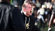 Head coach Jake Dickert celebrates Wake Forest's 13–12 upset win over SMU, Oct. 25, 2025.