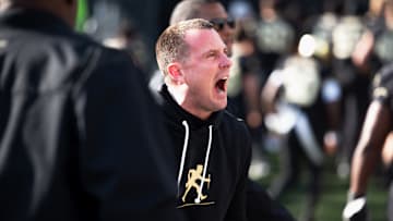 Head coach Jake Dickert celebrates Wake Forest's 13–12 upset win over SMU, Oct. 25, 2025.