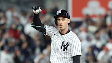 Oct 2, 2025; Bronx, New York, USA; New York Yankees outfielder Cody Bellinger (35) reacts at second base after hitting a double in the fourth inning against the Boston Red Sox during game three of the Wildcard round for the 2025 MLB playoffs at Yankee Stadium. Mandatory Credit: Vincent Carchietta-Imagn Images