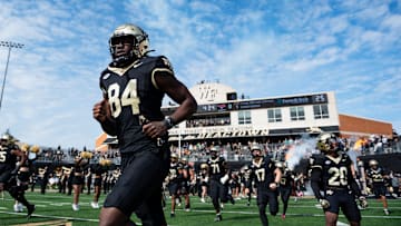 Senior tight-end Eni Falayi (84) runs out as the Wake Forest Demon Deacons take the field against the SMU Mustangs on Saturday, Oct. 25, 2025, at Allegacy Federal Credit Union Stadium in Winston-Salem, North Carolina.