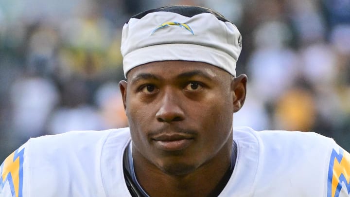 Nov 19, 2023; Green Bay, Wisconsin, USA;  Los Angeles Chargers running back Joshua Kelley (25) at Lambeau Field.  