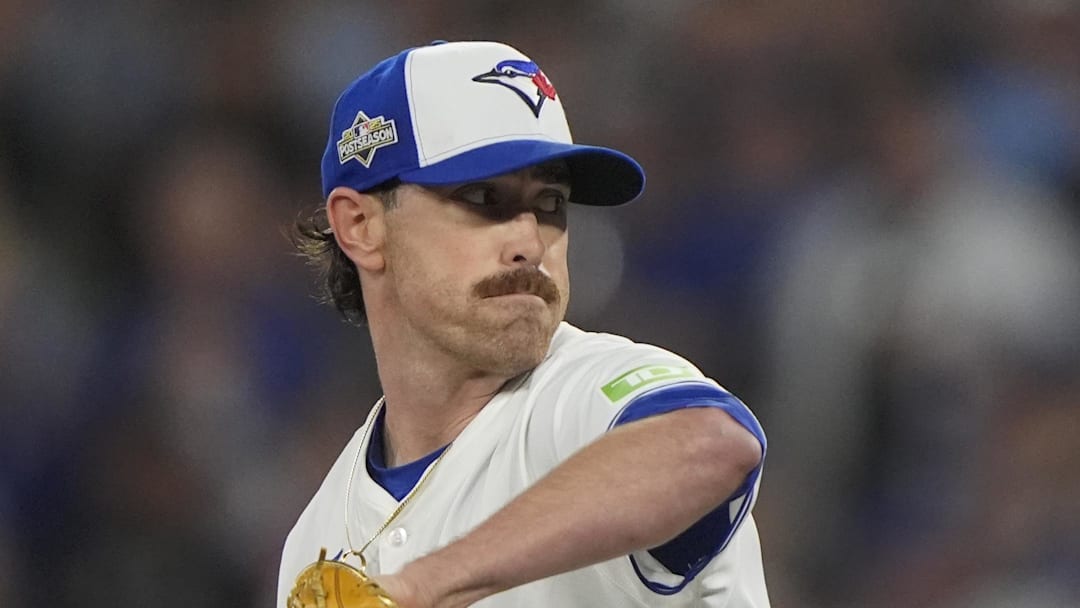 Oct 20, 2025; Toronto, Ontario, CAN; Toronto Blue Jays pitcher Shane Bieber (57) pitches against the Seattle Mariners in the first inning during game seven of the ALCS round for the 2025 MLB playoffs at Rogers Centre. Mandatory Credit: John E. Sokolowski-Imagn Images