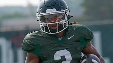 Michigan State's Rodney Bullard Jr. (3) runs after catching a pass in the second week of practice Tuesday, Aug. 5, 2025.