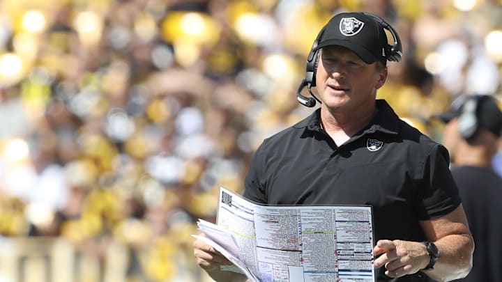 Sep 19, 2021; Pittsburgh, Pennsylvania, USA;  Las Vegas Raiders head coach Jon Gruden looks on from the sidelines against the Pittsburgh Steelers during the second quarter at Heinz Field. Las Vegas won 26-17.  Mandatory Credit: Charles LeClaire-Imagn Images