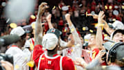 Nebraska forward Juwan Gary celebrates with the team as confetti falls after winning the College Basketball Crown in Las Vegas.