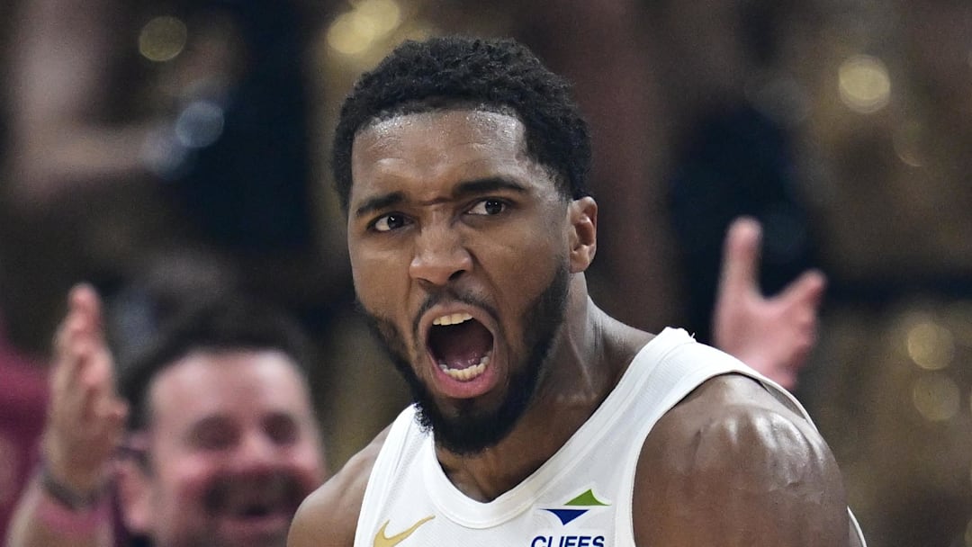 Cleveland Cavaliers guard Donovan Mitchell reacts during the first half against the Phoenix Suns