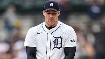 Detroit Tigers pitcher Tommy Kahnle (43) throws against the San Francisco Giants during the ninth inning at Comerica Park in Detroit on Wednesday, May 28, 2025.