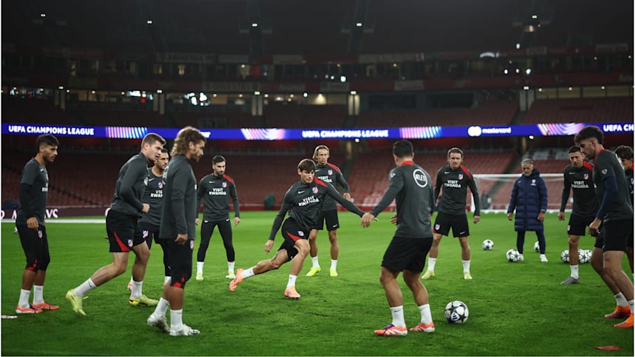 Atletico Madrid’s players training at the Emirates Stadium on Monday night.