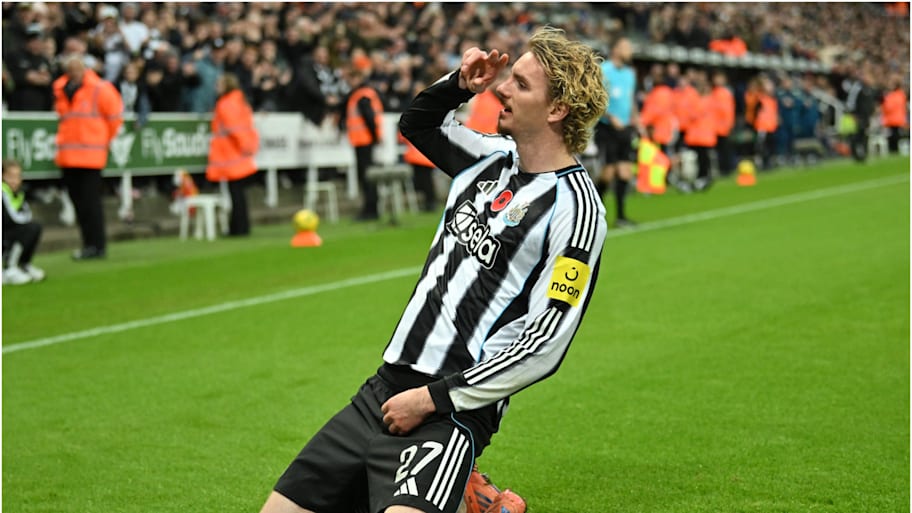 Nick Woltemade celebrates scoring for Newcastle.